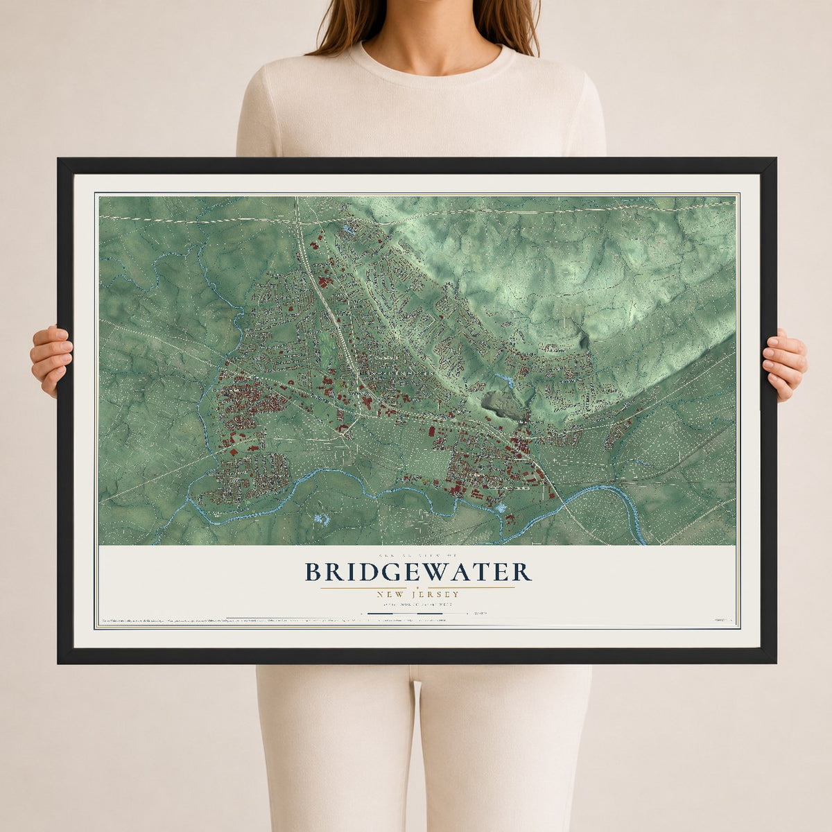 Bridgewater, New Jersey map print, 24" x 36" W/ Black Ayous Wood Frame mockup