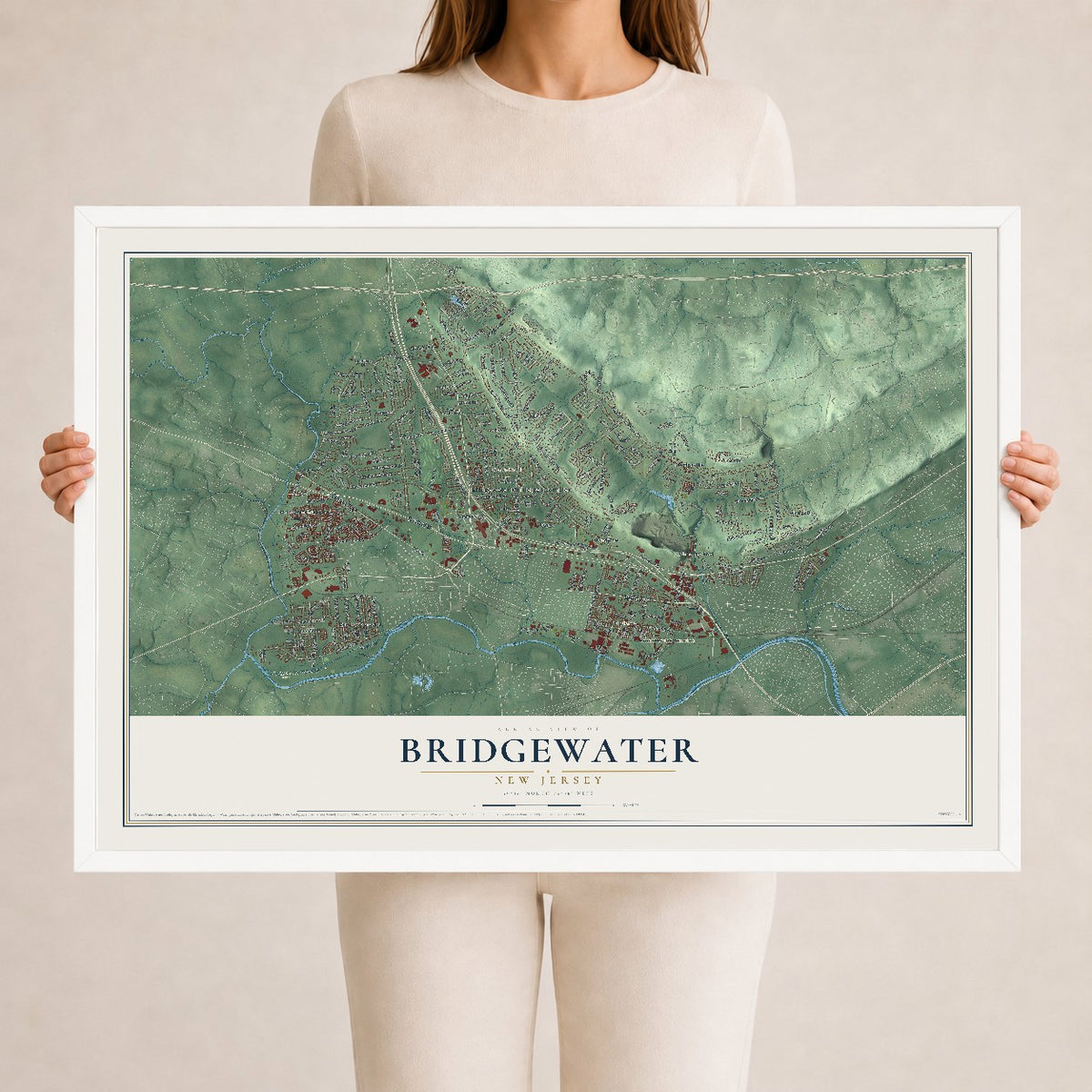 Bridgewater, New Jersey map print, 24" x 36" W/ White Ayous Wood Frame mockup