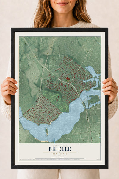 Brielle, New Jersey map print, 18" x 24" W/ Black Ayous Wood Frame mockup
