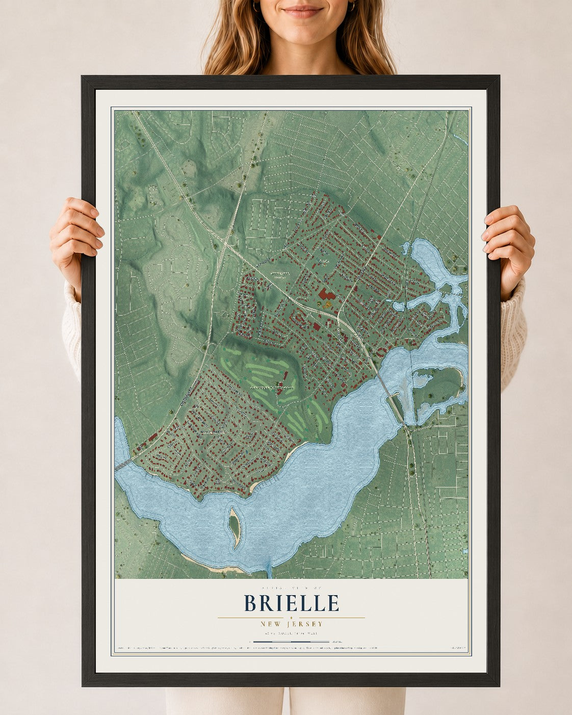 Brielle, New Jersey map print, 24" x 36" W/ Black Ayous Wood Frame mockup