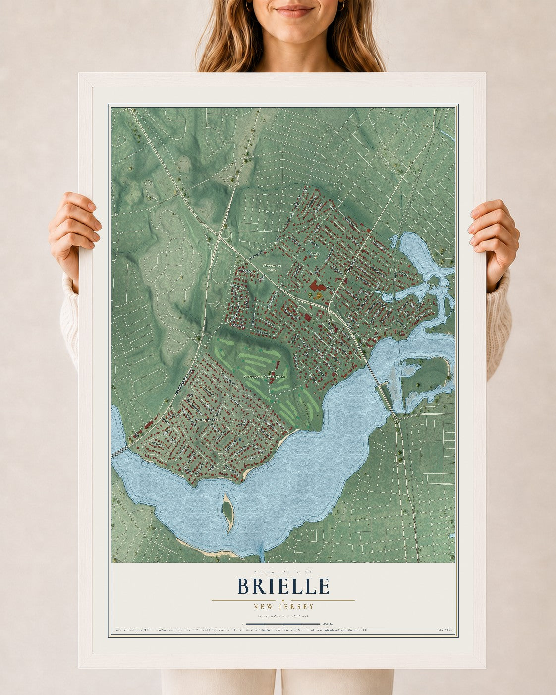Brielle, New Jersey map print, 24" x 36" W/ White Ayous Wood Frame mockup