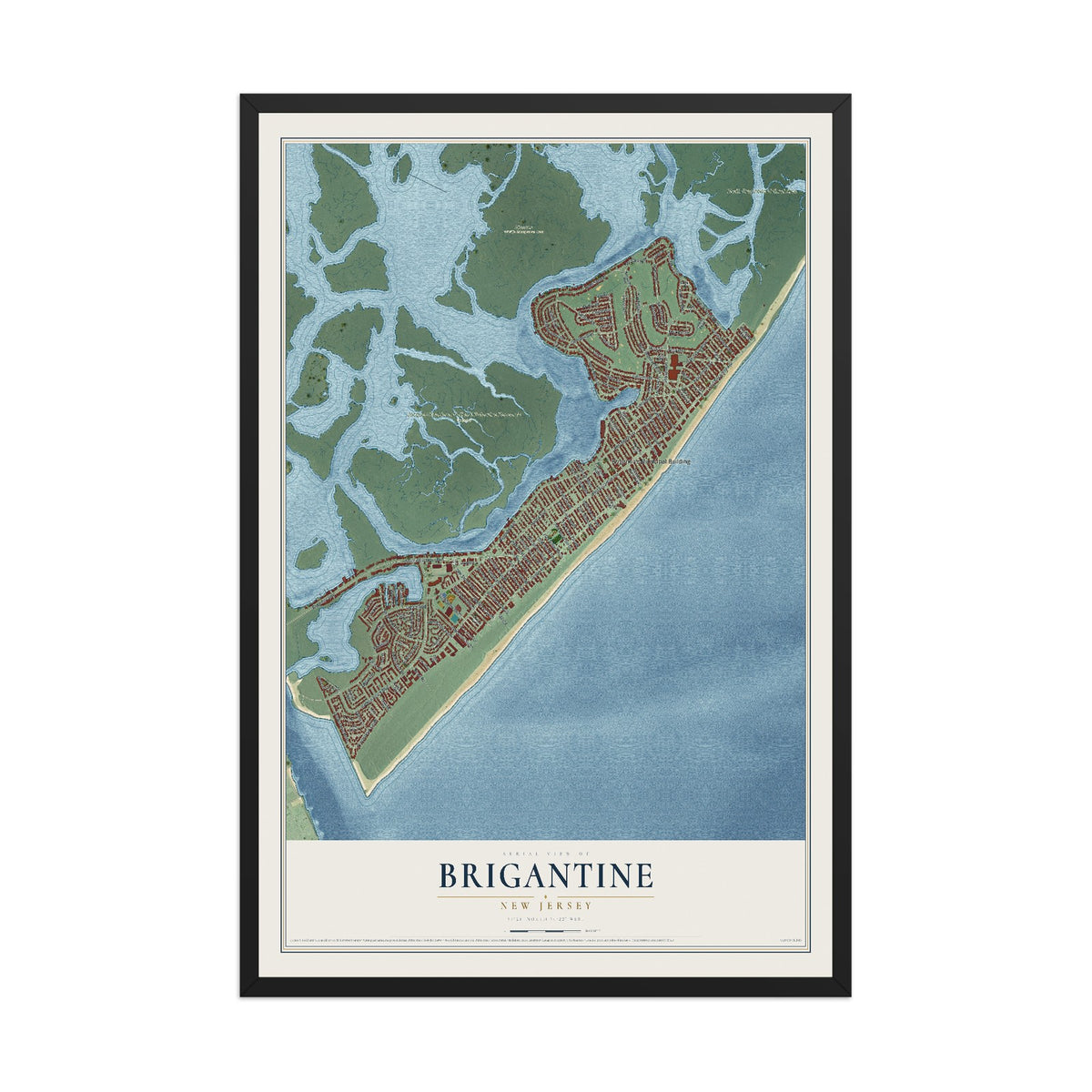 Brigantine, New Jersey map print, 12" x 18" W/ Black Ayous Wood Frame mockup