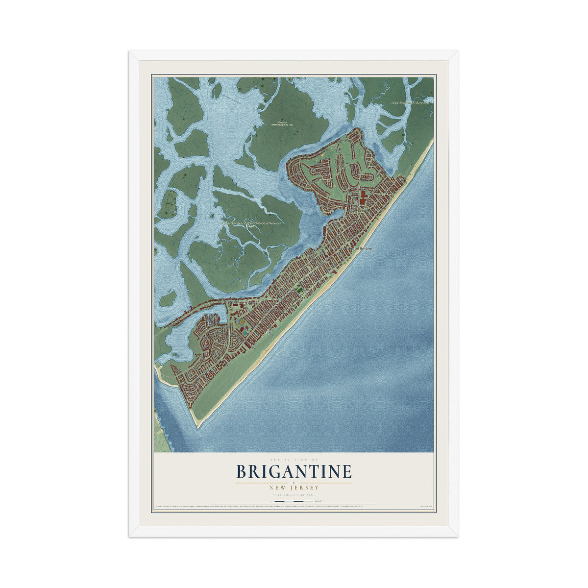 Brigantine, New Jersey map print, 12" x 18" W/ White Ayous Wood Frame mockup