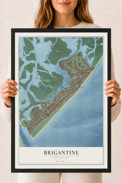 Brigantine, New Jersey map print, 18" x 24" W/ Black Ayous Wood Frame mockup
