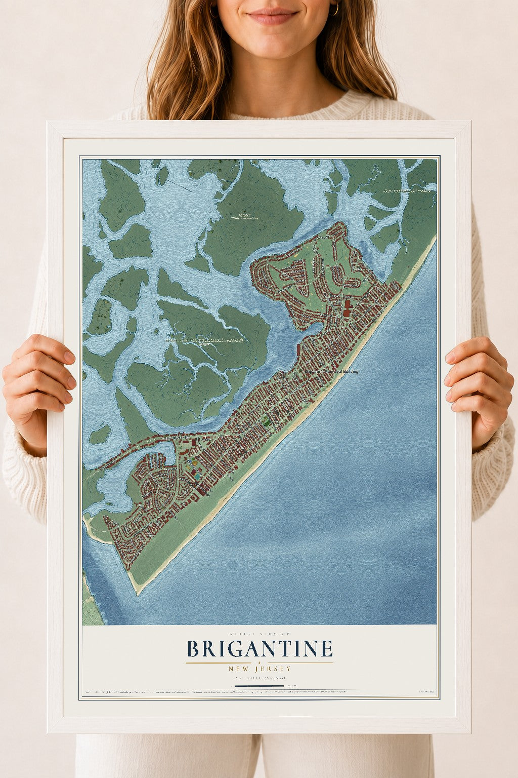 Brigantine, New Jersey map print, 18" x 24" W/ White Ayous Wood Frame mockup