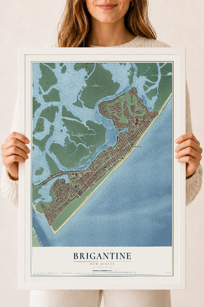 Brigantine, New Jersey map print, 18" x 24" W/ White Ayous Wood Frame mockup