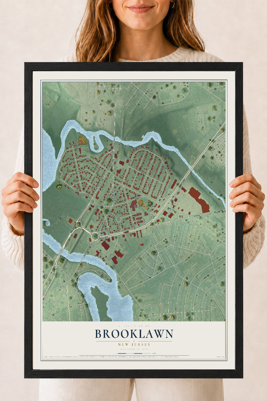 Brooklawn, New Jersey map print, 18" x 24" W/ Black Ayous Wood Frame mockup