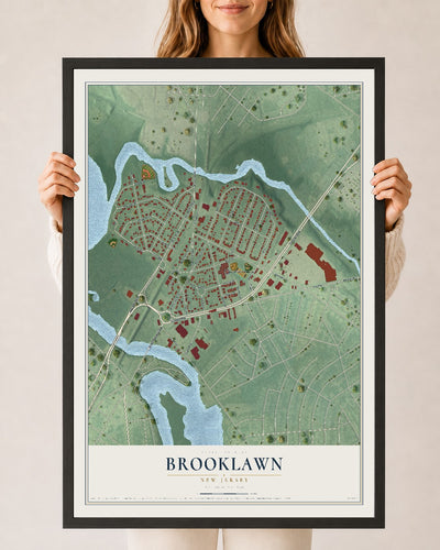 Brooklawn, New Jersey map print, 24" x 36" W/ Black Ayous Wood Frame mockup