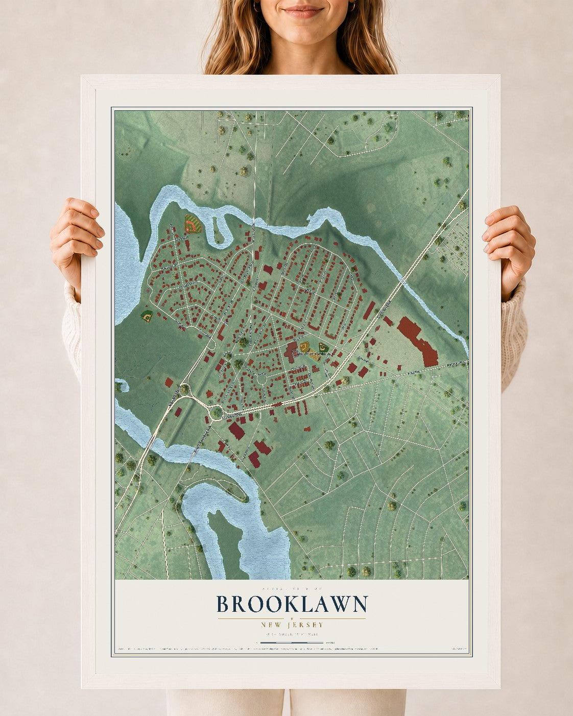 Brooklawn, New Jersey map print, 24" x 36" W/ White Ayous Wood Frame mockup