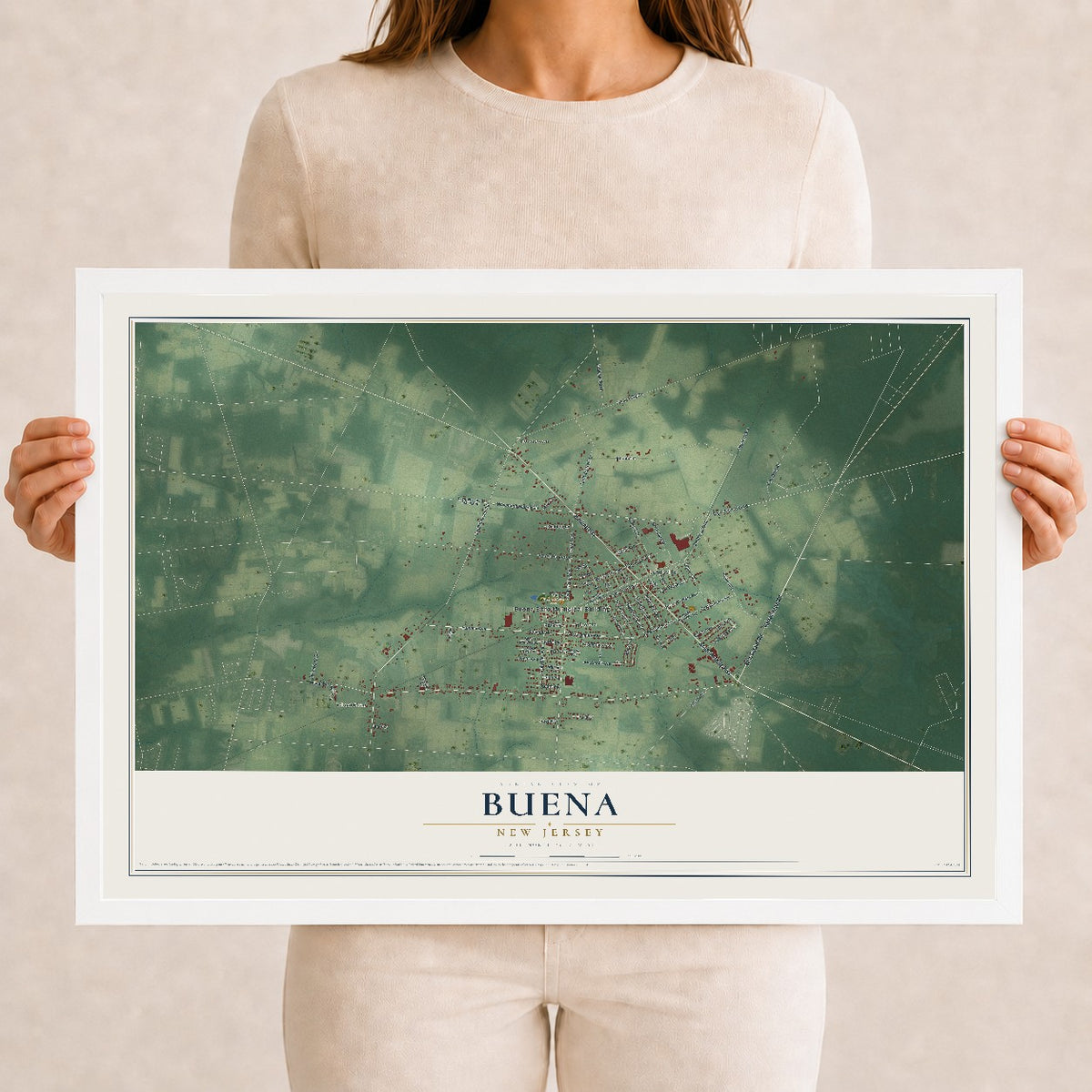 Buena, New Jersey map print, 12" x 18" W/ White Ayous Wood Frame mockup
