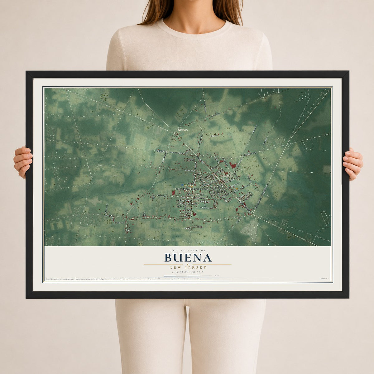 Buena, New Jersey map print, 24" x 36" W/ Black Ayous Wood Frame mockup