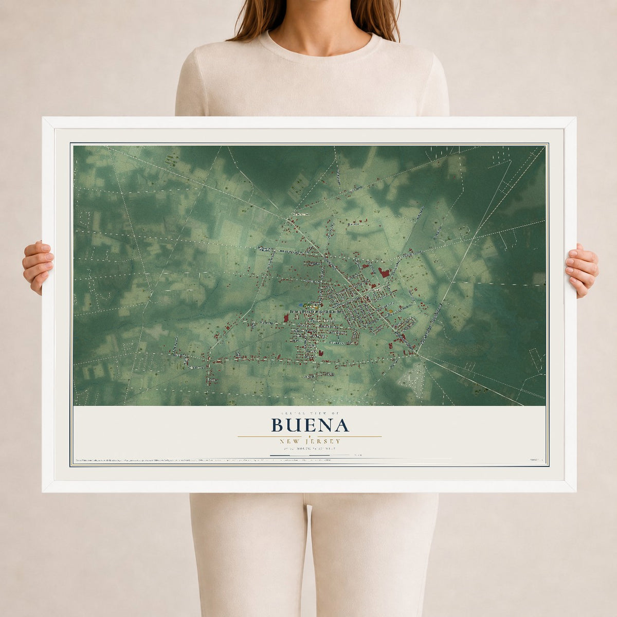 Buena, New Jersey map print, 24" x 36" W/ White Ayous Wood Frame mockup