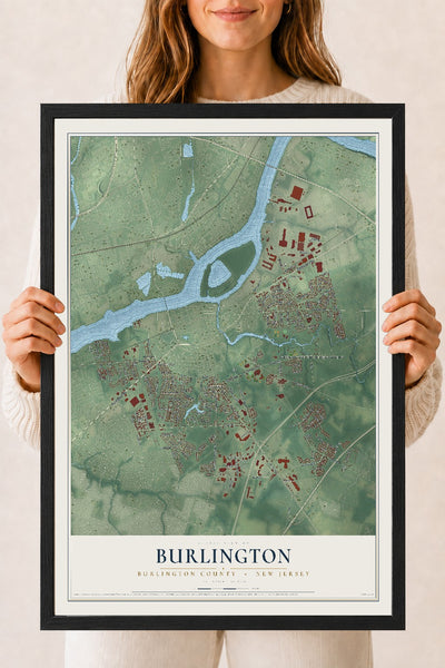 Burlington, New Jersey map print, 18" x 24" W/ Black Ayous Wood Frame mockup