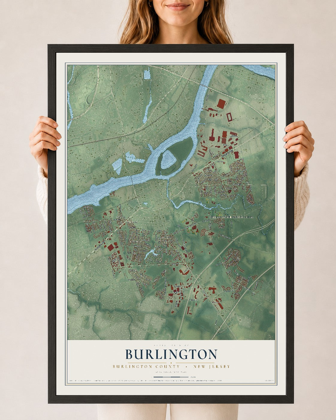 Burlington, New Jersey map print, 24" x 36" W/ Black Ayous Wood Frame mockup