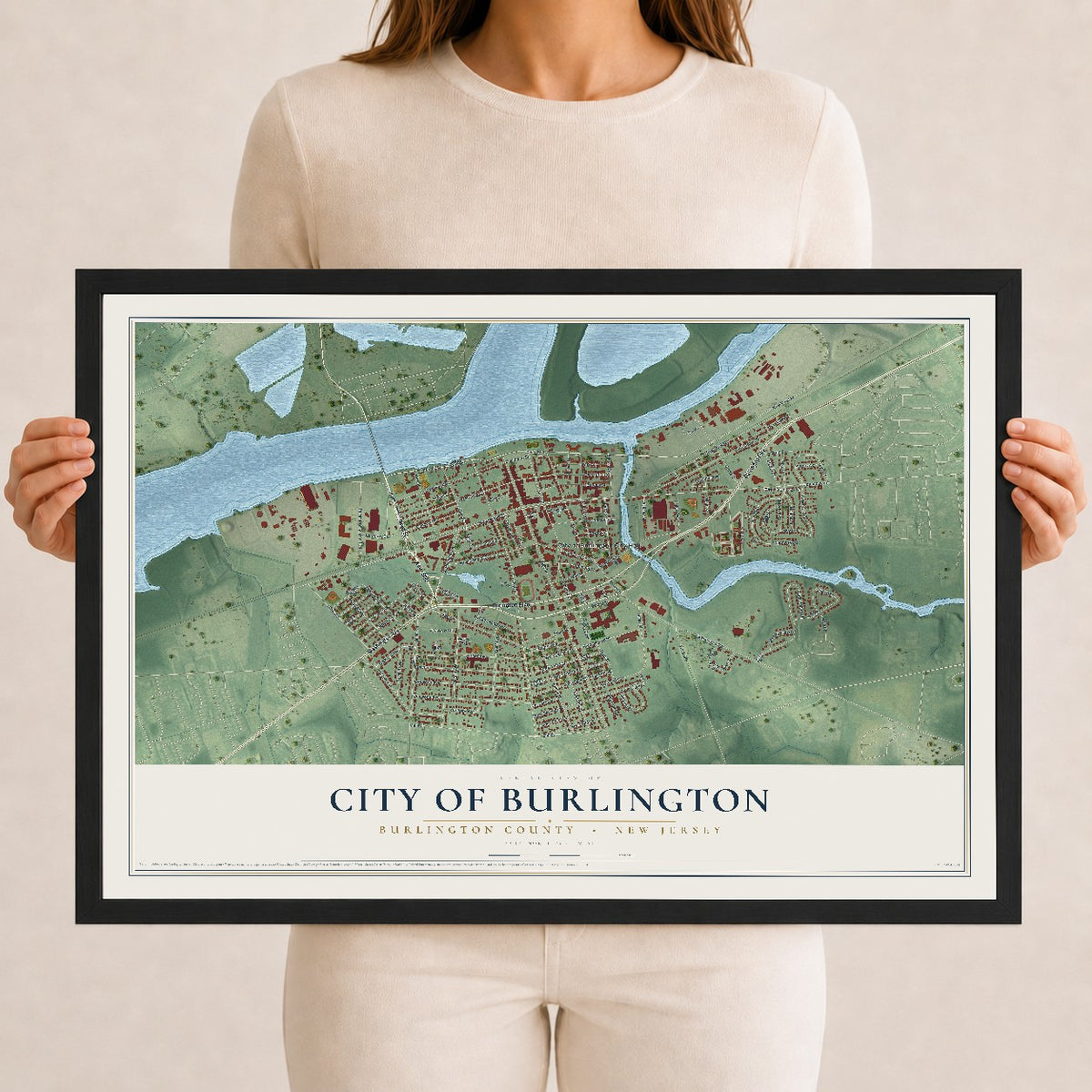 City of Burlington, New Jersey map print, 12" x 18" W/ Black Ayous Wood Frame mockup