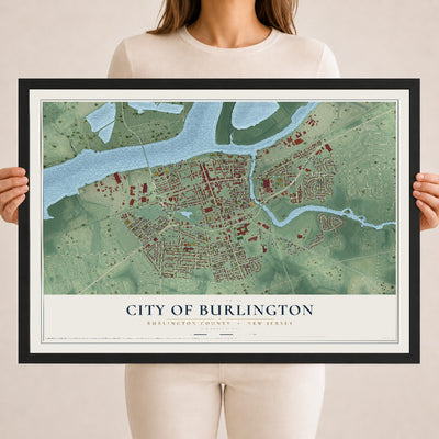 City of Burlington, New Jersey map print, 18" x 24" W/ Black Ayous Wood Frame mockup