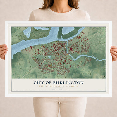 City of Burlington, New Jersey map print, 18" x 24" W/ White Ayous Wood Frame mockup