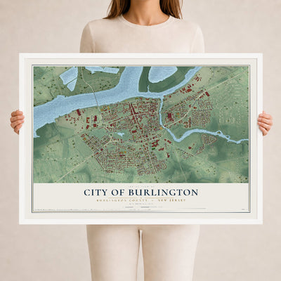City of Burlington, New Jersey map print, 24" x 36" W/ White Ayous Wood Frame mockup