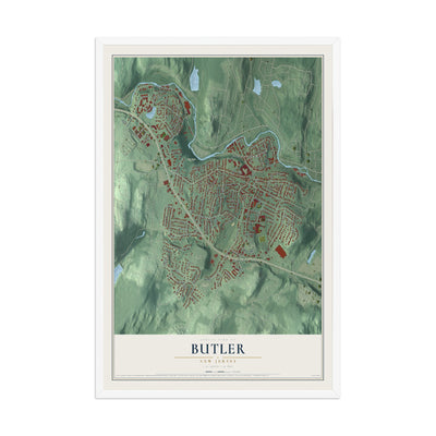 Butler, New Jersey map print, 12" x 18" W/ White Ayous Wood Frame mockup