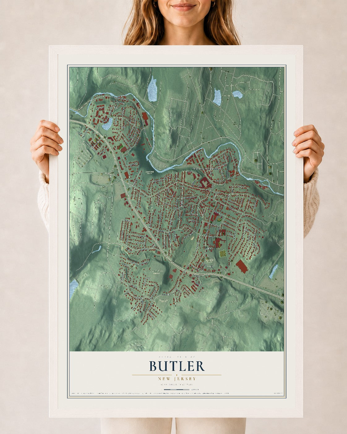 Butler, New Jersey map print, 24" x 36" W/ White Ayous Wood Frame mockup