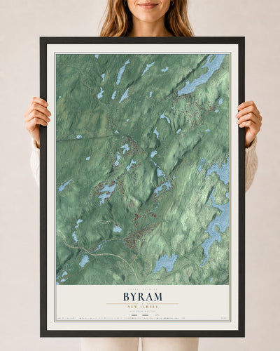 Byram, New Jersey map print, 24" x 36" W/ Black Ayous Wood Frame mockup