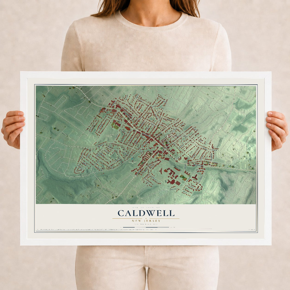 Caldwell, New Jersey map print, 12" x 18" W/ White Ayous Wood Frame mockup