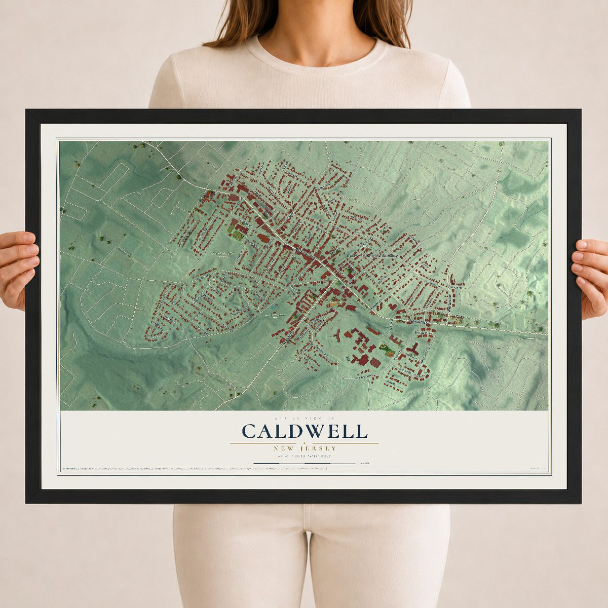 Caldwell, New Jersey map print, 18" x 24" W/ Black Ayous Wood Frame mockup