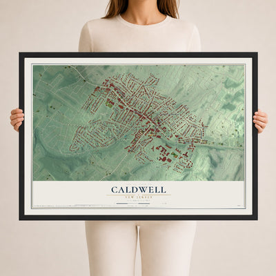 Caldwell, New Jersey map print, 24" x 36" W/ Black Ayous Wood Frame mockup