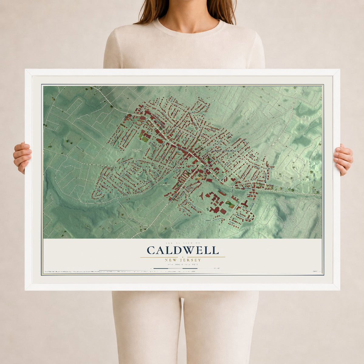 Caldwell, New Jersey map print, 24" x 36" W/ White Ayous Wood Frame mockup