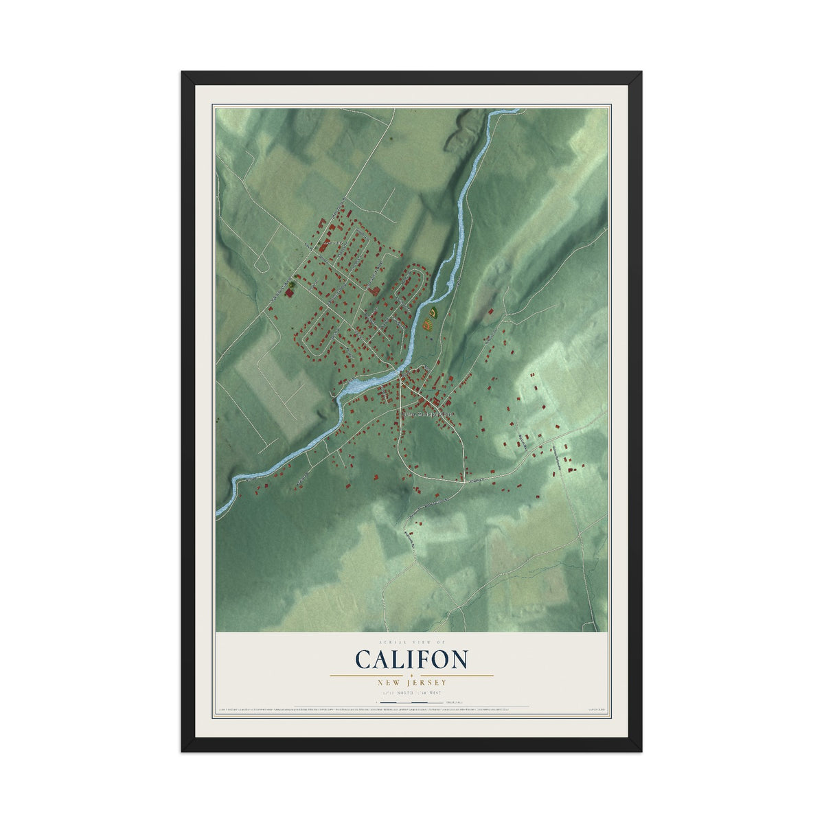 Califon, New Jersey map print, 12" x 18" W/ Black Ayous Wood Frame mockup