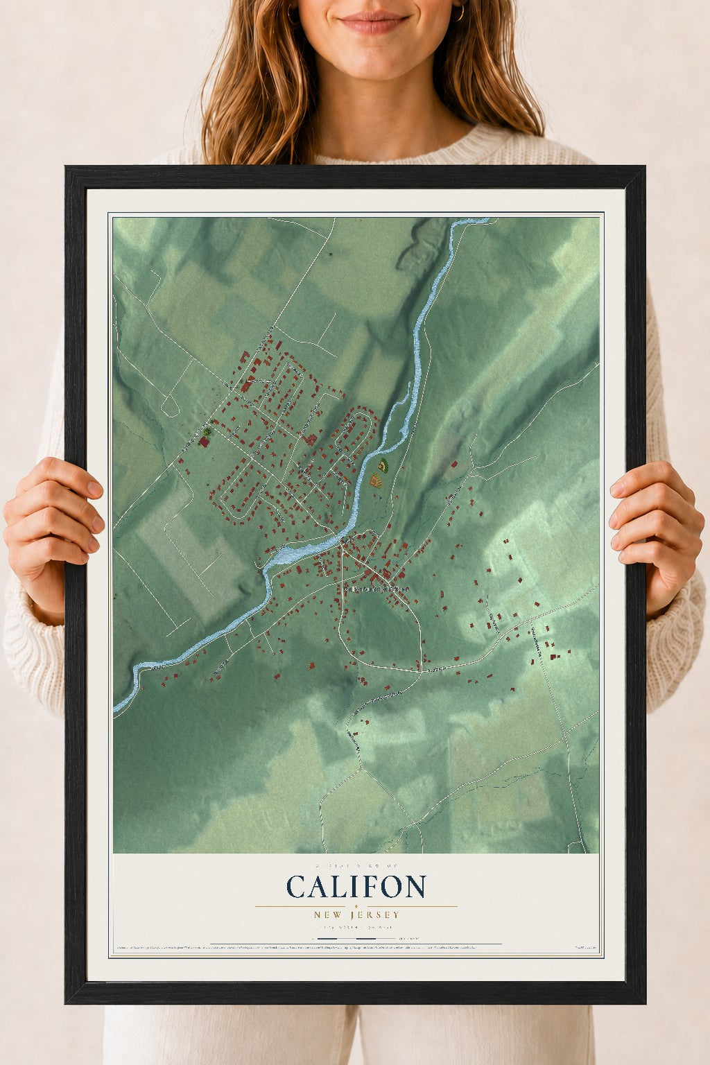 Califon, New Jersey map print, 18" x 24" W/ Black Ayous Wood Frame mockup