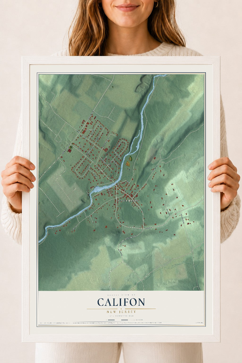 Califon, New Jersey map print, 18" x 24" W/ White Ayous Wood Frame mockup