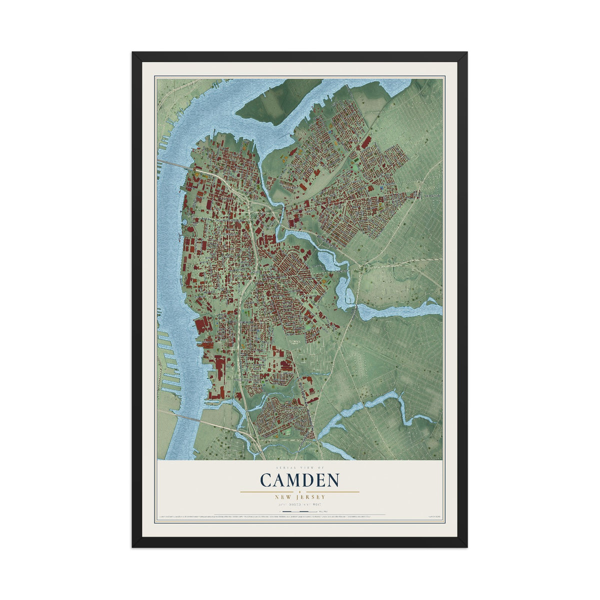 Camden, New Jersey map print, 12" x 18" W/ Black Ayous Wood Frame mockup