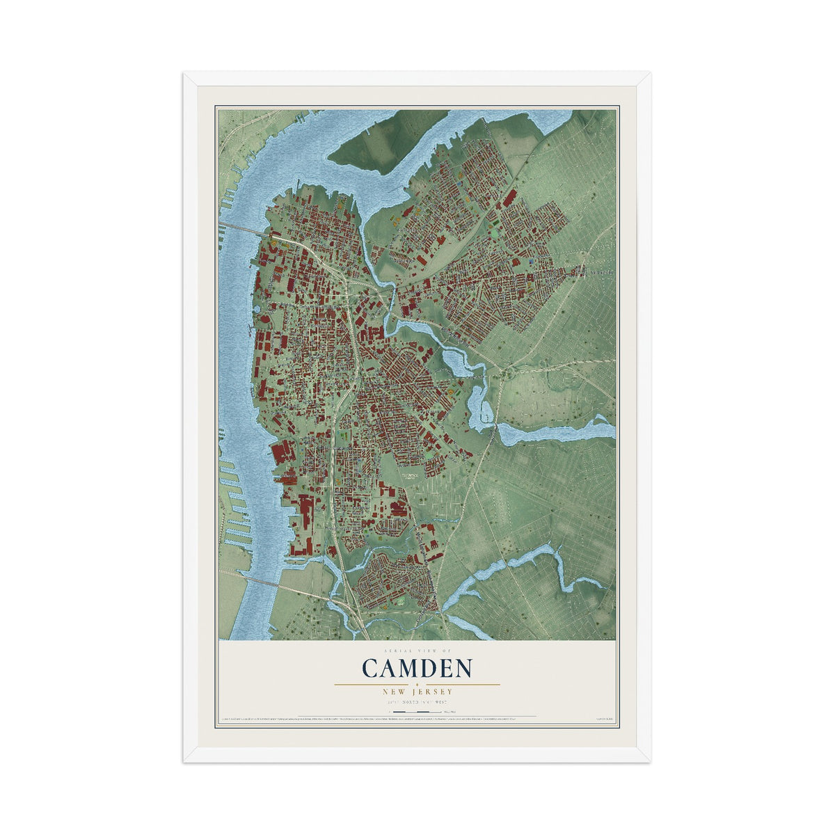 Camden, New Jersey map print, 12" x 18" W/ White Ayous Wood Frame mockup