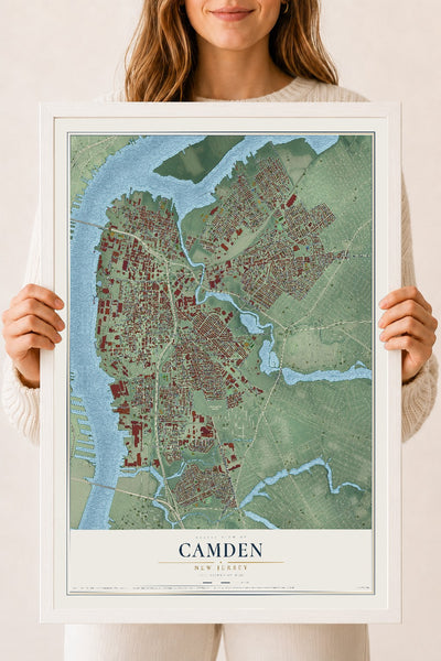 Camden, New Jersey map print, 18" x 24" W/ White Ayous Wood Frame mockup