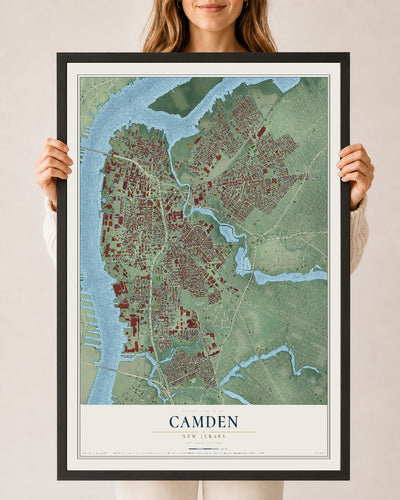 Camden, New Jersey map print, 24" x 36" W/ Black Ayous Wood Frame mockup