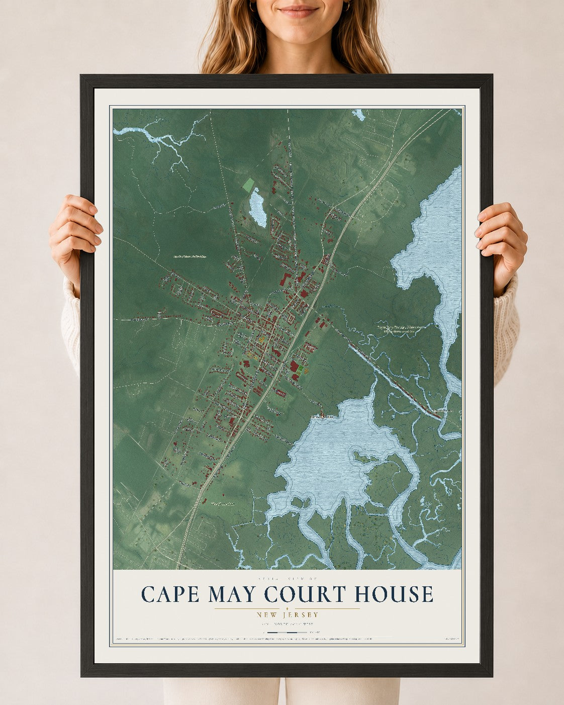Cape May Court House, New Jersey map print, 24" x 36" W/ Black Ayous Wood Frame mockup