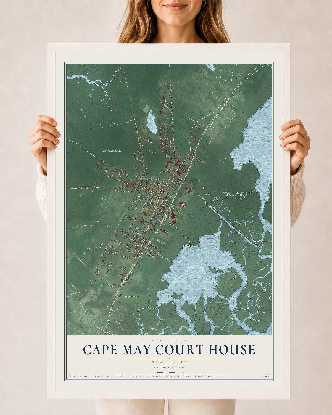 Cape May Court House, New Jersey map print, 24" x 36" W/ White Ayous Wood Frame mockup