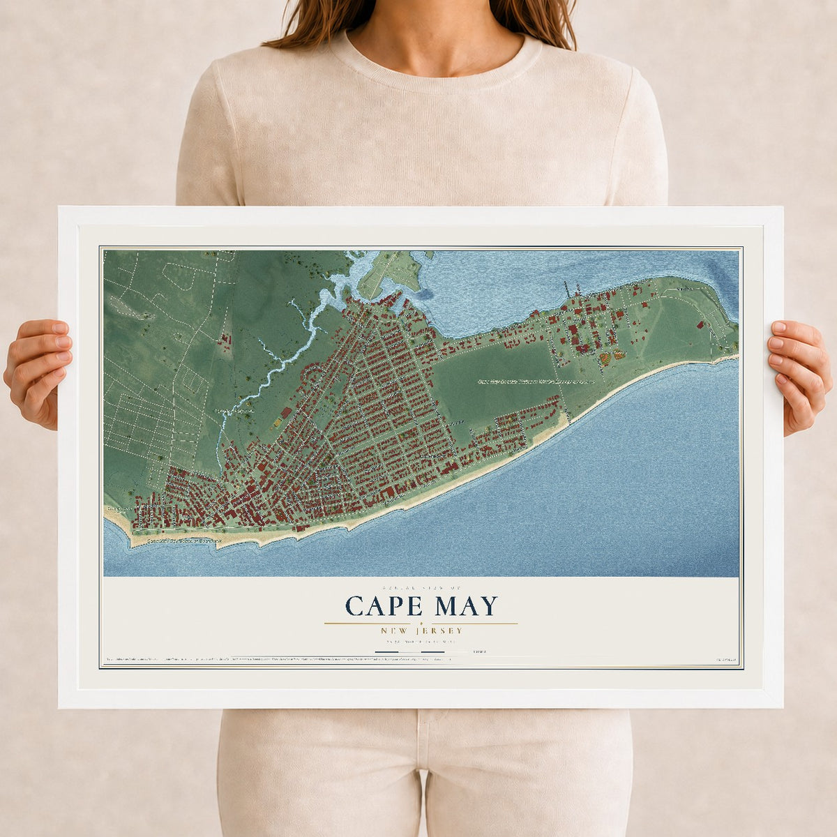 Cape May, New Jersey map print, 12" x 18" W/ White Ayous Wood Frame mockup