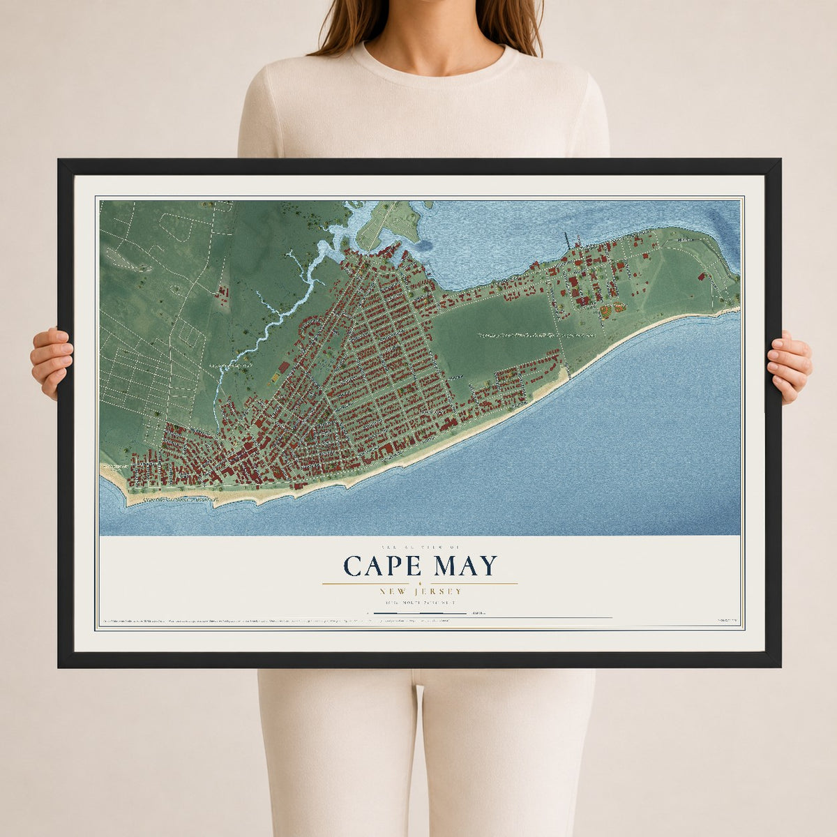 Cape May, New Jersey map print, 24" x 36" W/ Black Ayous Wood Frame mockup