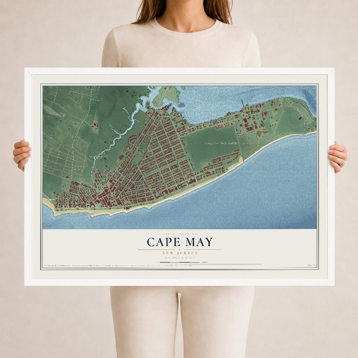Cape May, New Jersey map print, 24" x 36" W/ White Ayous Wood Frame mockup