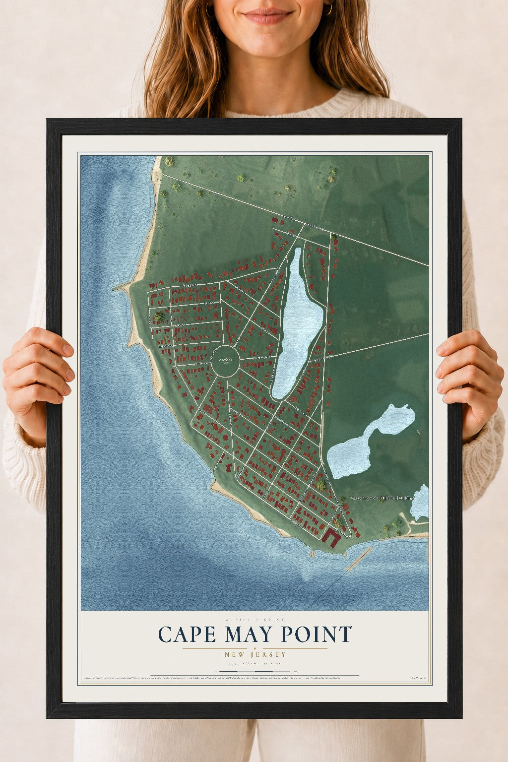 Cape May Point, New Jersey map print, 18" x 24" W/ Black Ayous Wood Frame mockup