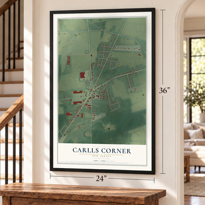 Carlls Corner, New Jersey map, 24 x 36 inch print in a black frame by a staircase