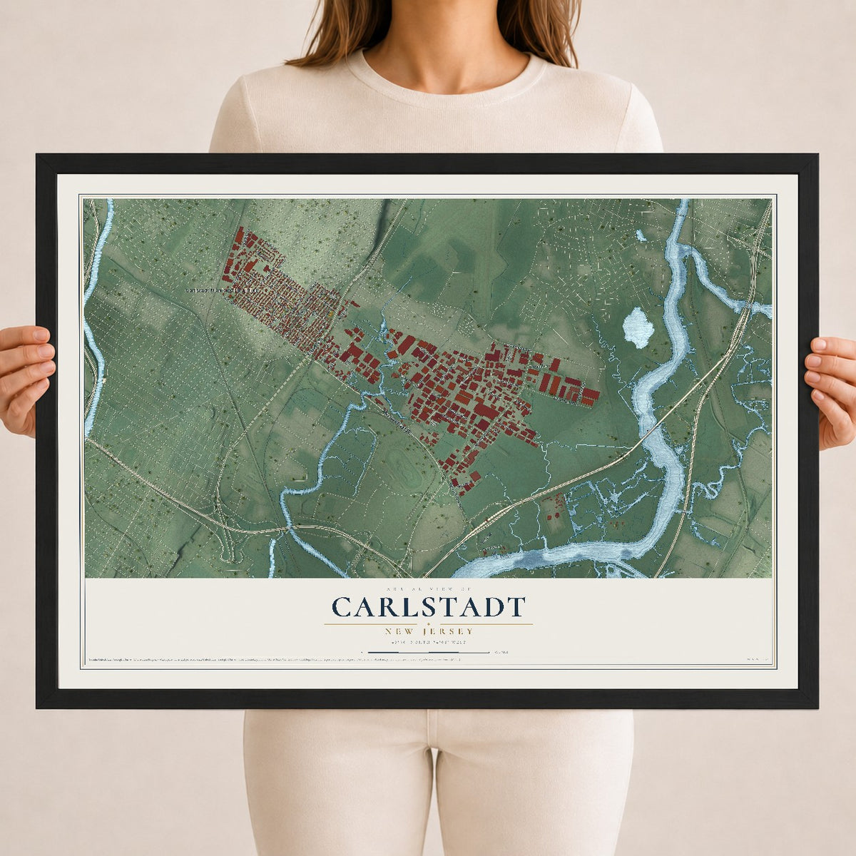 Carlstadt, New Jersey map print, 18" x 24" W/ Black Ayous Wood Frame mockup