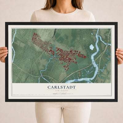 Carlstadt, New Jersey map print, 18" x 24" W/ Black Ayous Wood Frame mockup