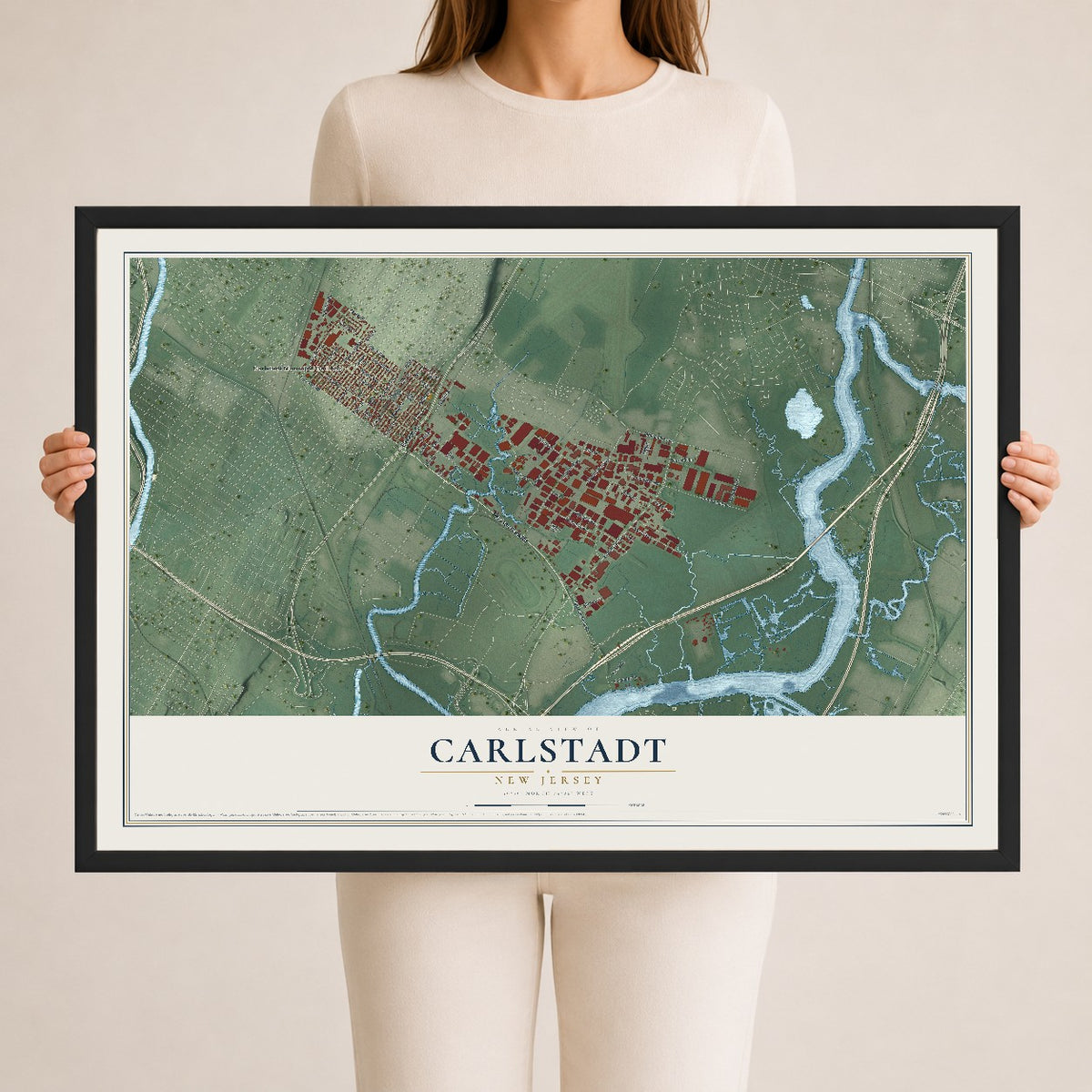 Carlstadt, New Jersey map print, 24" x 36" W/ Black Ayous Wood Frame mockup