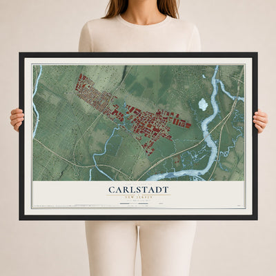 Carlstadt, New Jersey map print, 24" x 36" W/ Black Ayous Wood Frame mockup