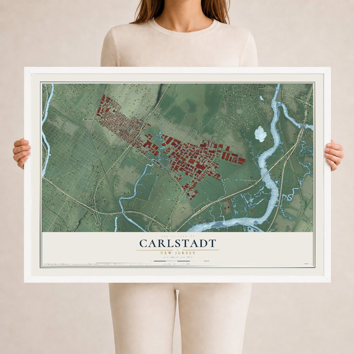 Carlstadt, New Jersey map print, 24" x 36" W/ White Ayous Wood Frame mockup