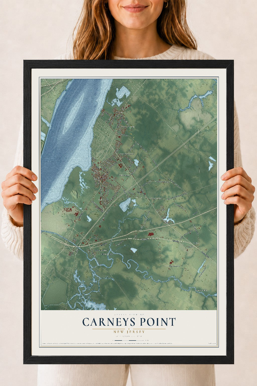 Carneys Point, New Jersey map print, 18" x 24" W/ Black Ayous Wood Frame mockup