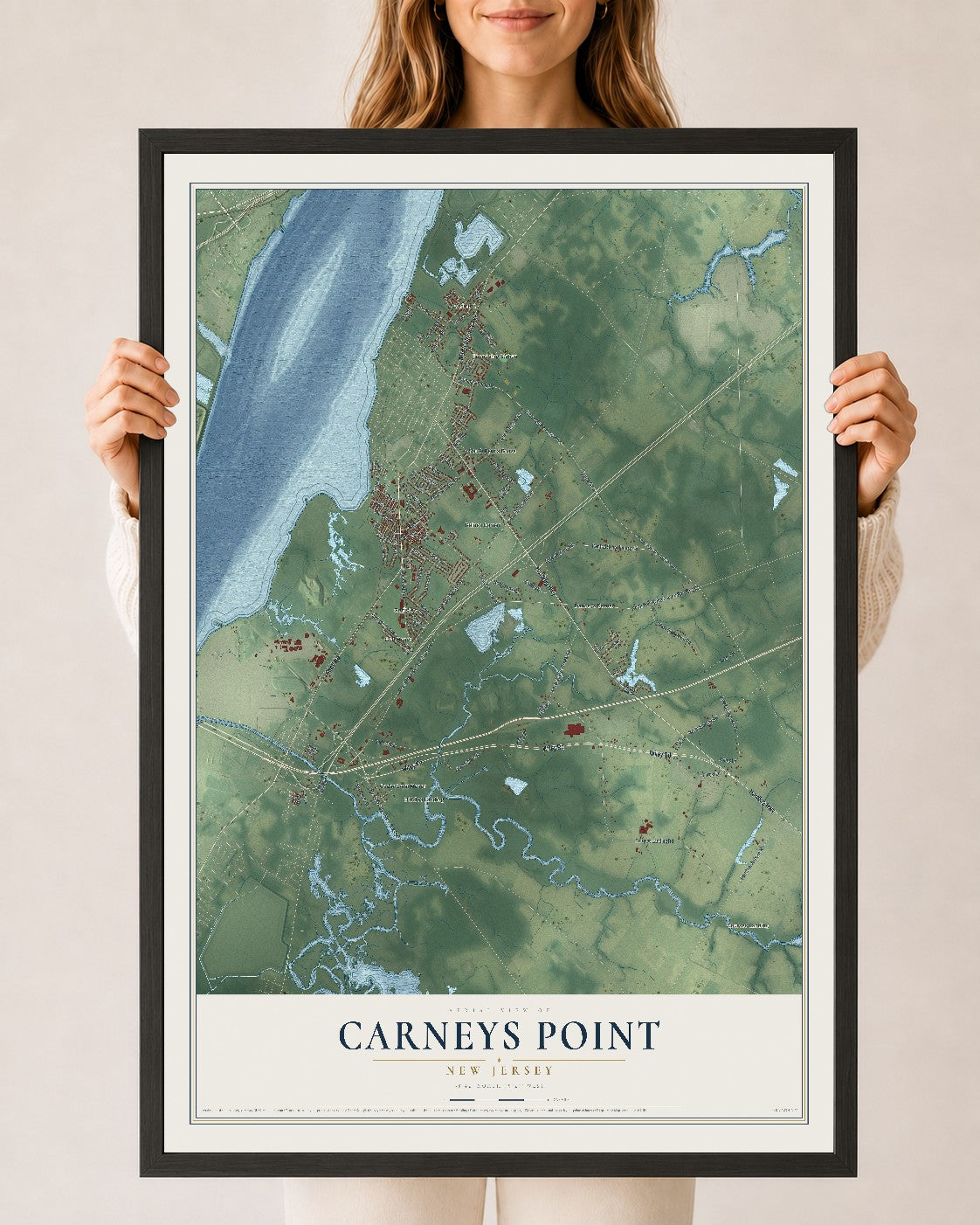 Carneys Point, New Jersey map print, 24" x 36" W/ Black Ayous Wood Frame mockup